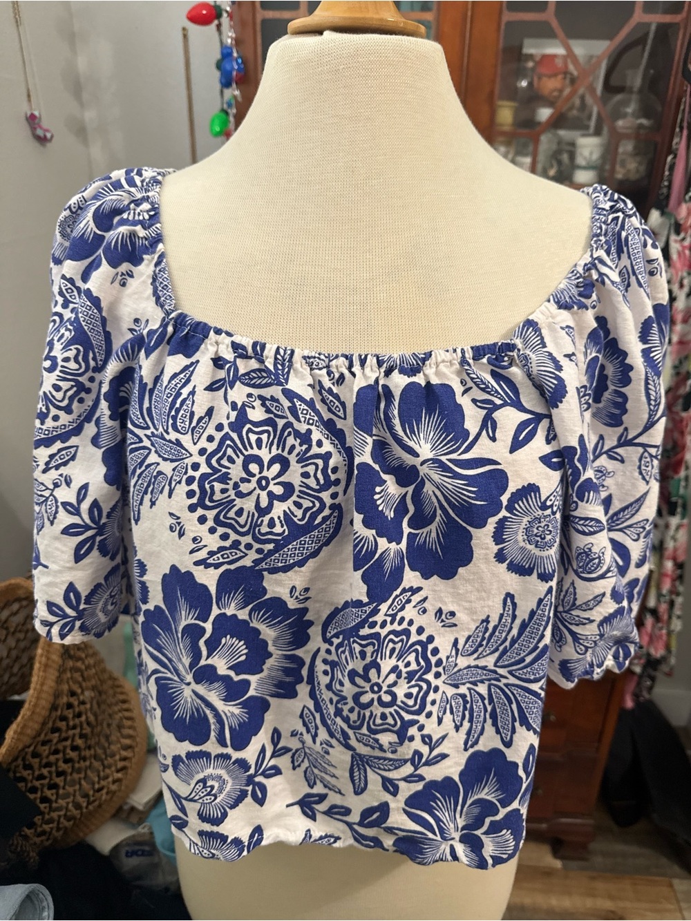 Rachel Zoe White and Blue Floral Off-Shoulder Crop Top